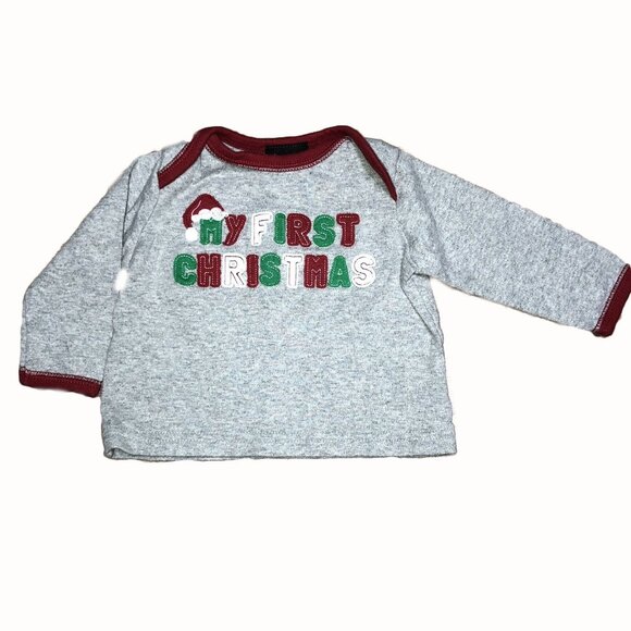Holiday Editions My First Christmas Shirt Boys 0-3M Long Sleeve Red Gray Top - Picture 1 of 6